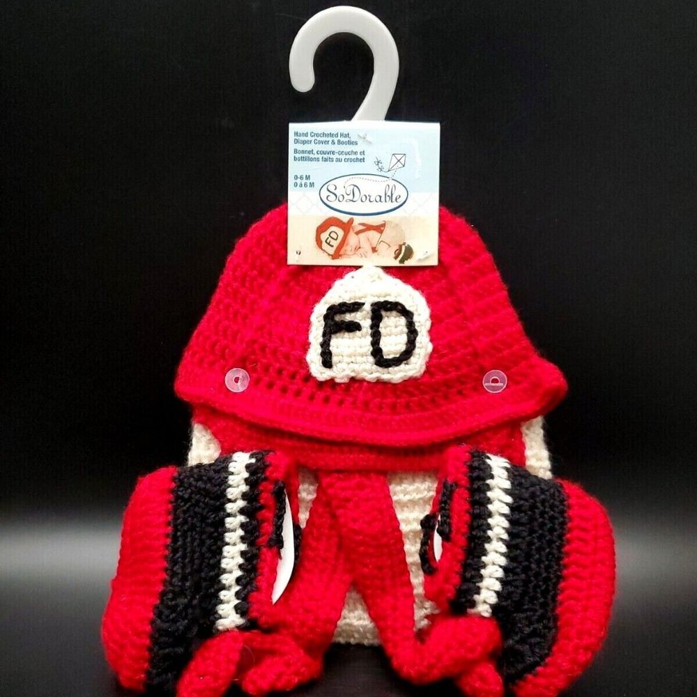 Crocheted Baby Firefighter FD Photo Shoot Pants W/Suspenders Boots, Helmet